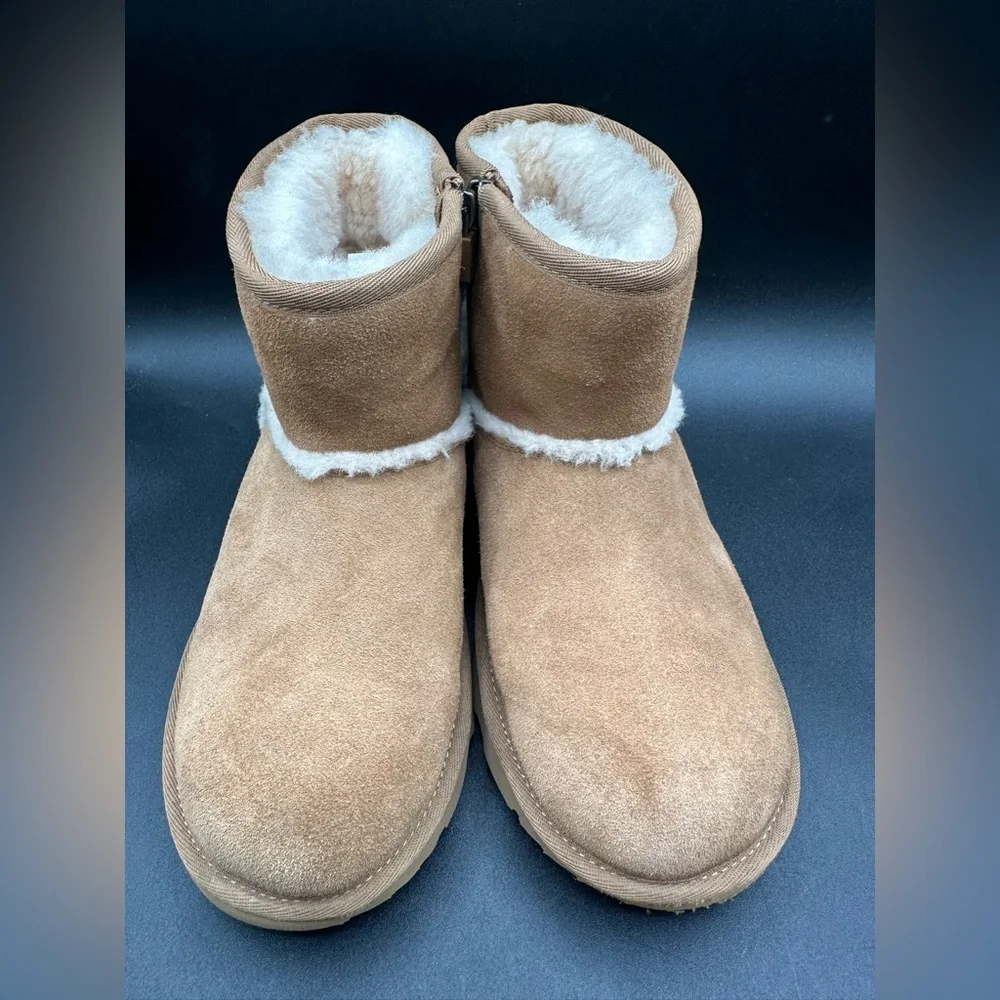 UGG Classic Mini Spill Seam Boot Chestnut Suede Shearling Zipper Women’s Size 5